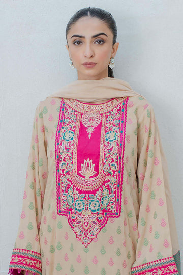Zellbury Embroidered Shirt Shalwar Dupatta - Beige- Jacquard Suit-0439 Online Shopping